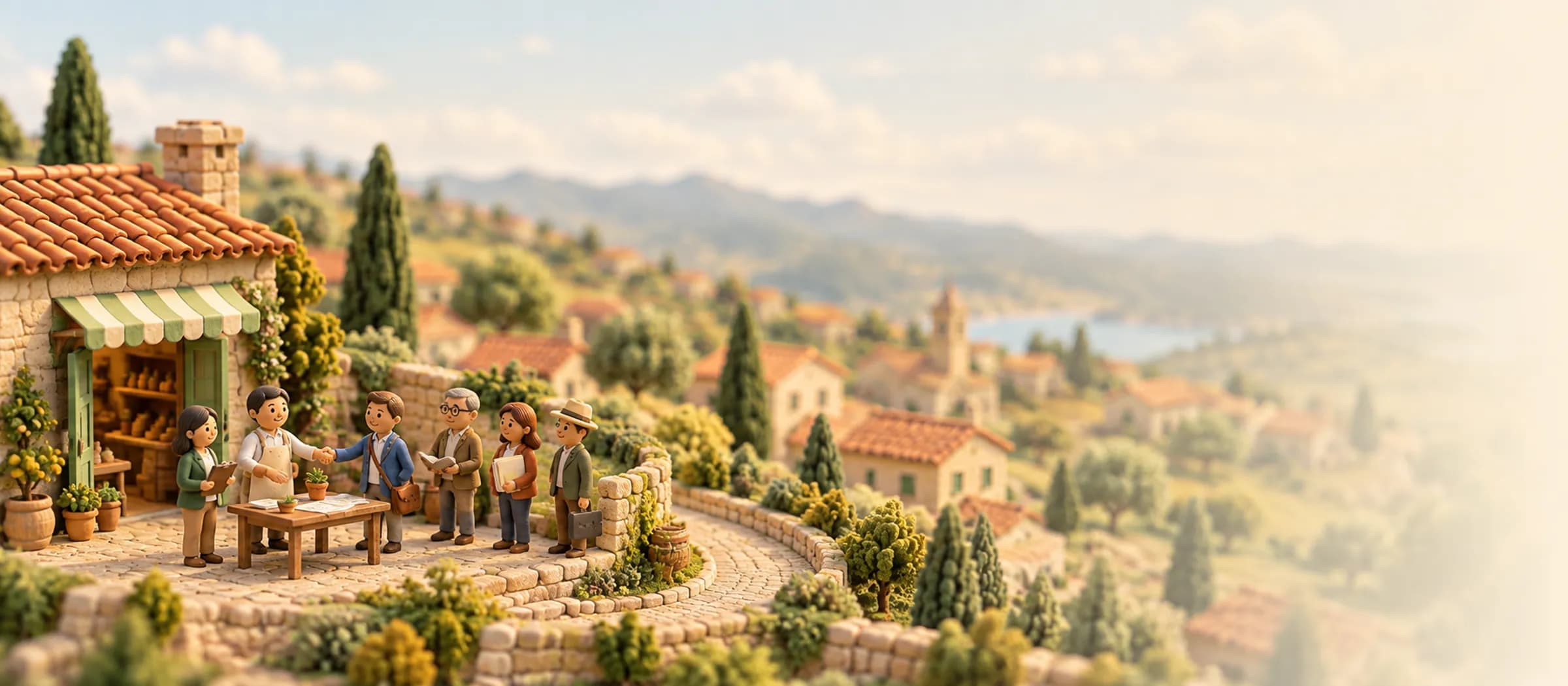 Outside a small hillside shop, an owner and a buyer shake hands across a table while a Rejigg guide, an accountant, a lawyer, and a lender stand with them; the town falls away behind.
